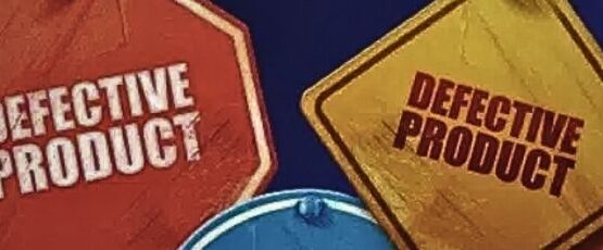 Warning signs labeled “Defective Product” representing dangerous consumer products and product liability claims.