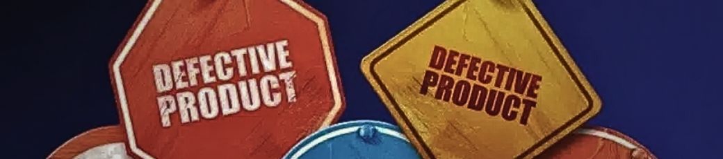 Warning signs labeled “Defective Product” representing dangerous consumer products and product liability claims.