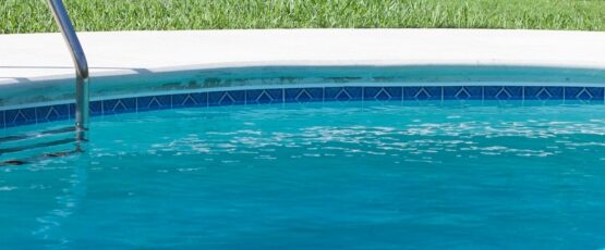 Residential swimming pool with ladder and surrounding grass